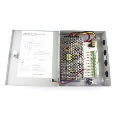 China AC/DC One Way Audio Output 120W 12V Input 110V/220V 9 Channels CCTV Camera Power Supply Box for sale