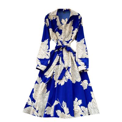 China Viable Women's Fashion Korean Floral Printed Dresses Long Sleeve Bandage Maxi Dress Ladies Casual V-neck New Sleeve Dress 2022 for sale