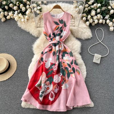 China Viable Plus Size Dresses 2022 Elegant O-Neck Party Sleeveless Floral Print Midi Dress Vestidos New Summer Women Sundress for sale