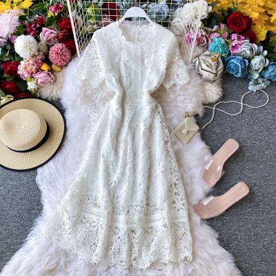 China Women's Casual Dresses Summer Lace Hollow O-neck Midi Cavity Slim Ladies Short Solid Viable Dress A Line Dress for sale