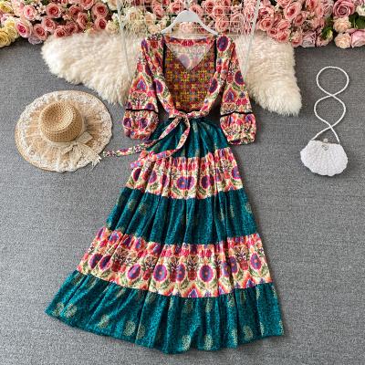 China Viable Women's Clothing Spring V-Neckline Maxi Dress Women Casual Dresses Autumn Embroidery Bohemian Dress Long Sleeve for sale