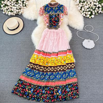 China Viable Women's Summer Clothing Mesh Splice Maxi Dress Women O-neck O-neck Sleeve Short Casual Outfits Summer Dress for sale