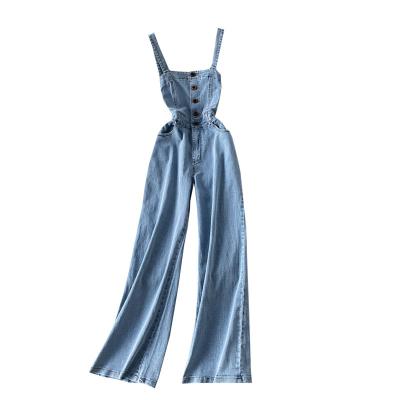 China New Fashion Breathable Blue Pocket Overalls Women Loose Wide Leg Jean Overalls Women High Waist Overalls For Women Lugentolo for sale