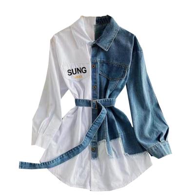 China Spring Viable Autumn Women's Denim Shirt Contrast Color Patchwork Lace Up Blouse Shows Slim Soft Top Fashion for sale