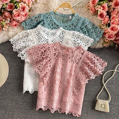 China Sleek Fashionable Elegant Summer Lace Crop Tops Women Solid O-Neck Short Sleeve Hollow Out Blouse Ladies Clothes Blusas Femininas for sale