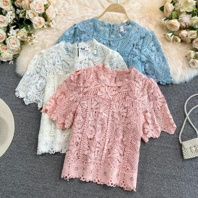 China Sleek Fashionable Elegant Summer Lace Crop Tops Women Solid O-Neck Short Sleeve Hollow Out Blouse Ladies Clothes Blusas Femininas for sale