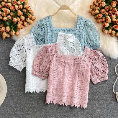 China Elegant Workable Summer Lace Crop Tops Solid Women Square Collar Short Sleeve Hollow Out Blouse Ladies Clothes Blusas Femininas for sale