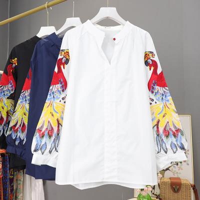 China 2022 New Spring Autumn Phoenix Embroidery Shirt Women V Neck Long Lantern Sleeve Blouse Female Vintage Viable Loose Tops for sale