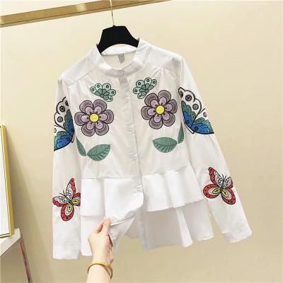 China 2022 Viable New Spring Autumn Floral Embroidery Shirt Women Korean Female Loose Tops Stand Collar Long Sleeve Ruffle Blouse for sale