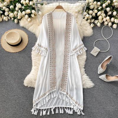 China 2022 Bohemian New Embroidery Sustainable Long Cardigan Coat Women Fashion Full Sleeve Solid Long Blouse Ladies Vacation Outfits for sale