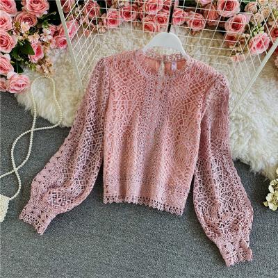 China Autumn Elegant Lace Crop Tops O-neck Solid Workable Women's Long Sleeve Spring Hollow Out Blouse Ladies Clothes Blusas Femininas for sale