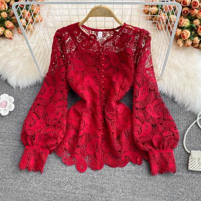 China Autumn Elegant Lace Crop Tops O-neck Solid Workable Women's Long Sleeve Spring Hollow Out Blouse Ladies Clothes Blusas Femininas for sale