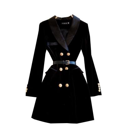 China High Quality Workable Elegant Women's High Quality Black Double Breasted Velvet Black Blazer Office Formal Dress Long Coats For Ladies for sale