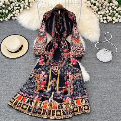 China Vintage Women Viable Bridesmaids Dresses Spring Casual Dress Vestidos Elegantes Para Mujer Floral Print O-Neck Long Sleeve for sale