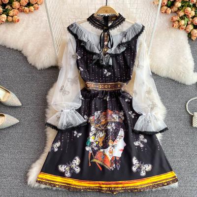 China Floral Print Mesh Splice Casual Dress Vestidos Elegantes Para Mujer Women's Fall O-Neck Long Sleeve Bridesmaids Dresses for sale