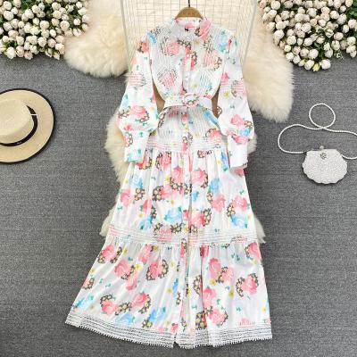 China Vintage Women Viable Bridesmaids Dresses Spring Casual Dress Vestidos Elegantes Para Mujer Floral Print V-neck Long Sleeve Dress for sale