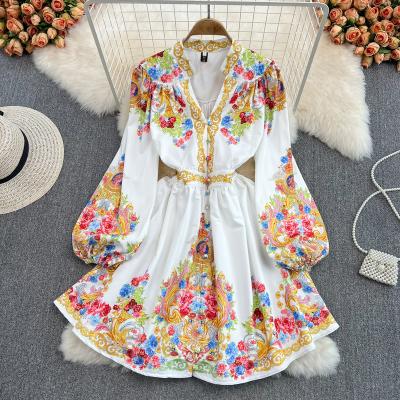 China Vintage Women Viable Bridesmaids Dresses Spring Casual Dress Vestidos Elegantes Para Mujer Floral Print V-neck Long Sleeve Dress for sale