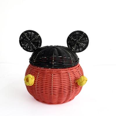 China Mickey Plastic Rattan Storage Basket Viable With Lid Bin Decorative Home Decor Gift Handmade Handcrafted Art for sale