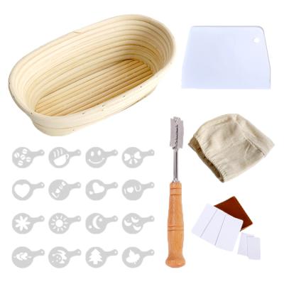 China Sustainable Natural Handmade Home Kitchen Oval Rattan Sourdough Proofing Bread Basket Tools With Cloth Covering for sale