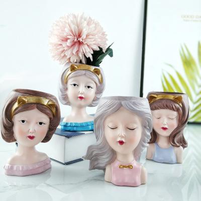 China Resin New Design Minimalist Creative Cute Girl Succulent Potted Small Flower Pot Potted Home Office Gardening Flower Pot for sale