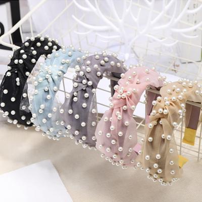 China Daily Wear Gauze Tied Headband With Beaded Pearls Headband for sale