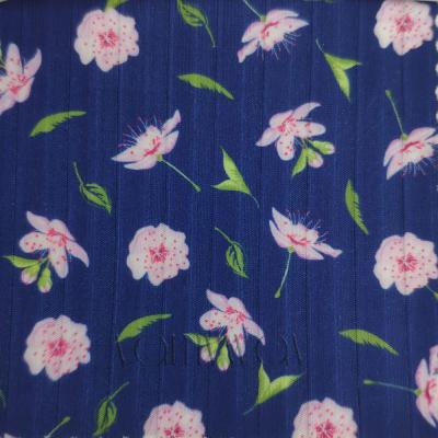 China Memory Rib Knit Spring Floral Navy stretchy with pink flowers fabric sold by the yards for sale