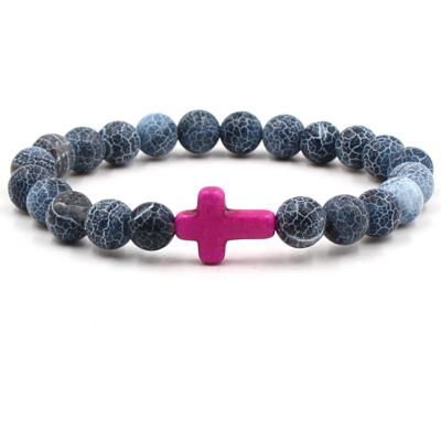 China Comfort Fit Wholesales Natural Blue Lava Stone Combination Hematite Jesus Cross Charm Bracelets for sale