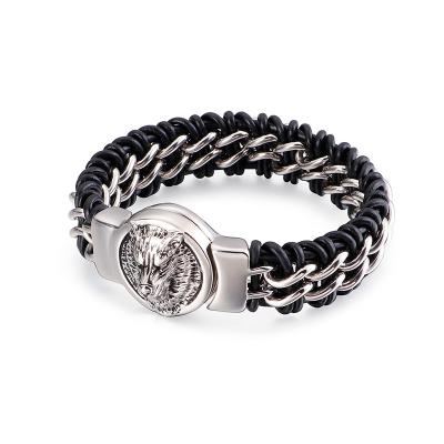 China Fashionable High End European Genuine Stainless Steel Lion Head Leather Bracelet For Men And Women for sale