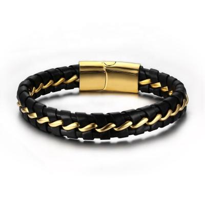 China Ethnic Handmade Genuine Leather Braided Stainless Steel Gold Plated Mens Leather Bracelet for sale