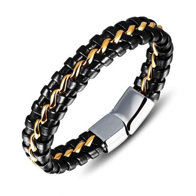 China Fashionable Gold Magnetic Clasp Mens 316l Stainless Steel Bangle Jewelry Designs Leather Bracelet for sale