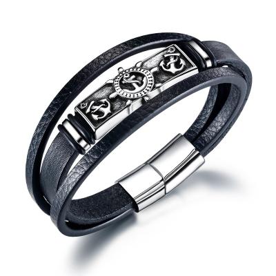 China Vintage Fashion Stainless Steel Anchor Bracelet Black Rudder Leather For Men for sale