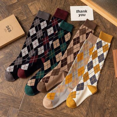 China Japanese Fashional Cotton Adult Socks Long Tube Knee Spring And Calf Retro Diamond Summer High Grid College Style Socks Korean Women's Socks for sale