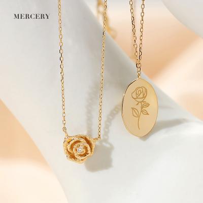 China Love S d'Oro Collana Dangle Solid Gold 14K Jewelry Mercery Rose Flower Shape Mother's Day Gift Necklaces Coin Engraved“ for sale