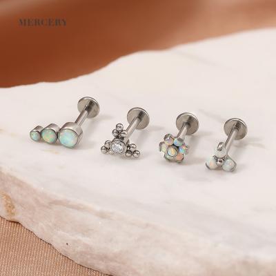 China Vintage Mercery 16G Titanium Stud Piercing Earrings For Women Internally Threaded Bezel Set 3-Opal Stone Piercing Jewelry for sale