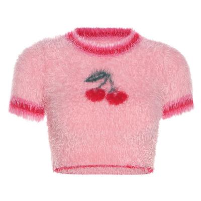 China Viable Women Knitted Top Sweater Cherry Print Fashionable Shirt Cropped Colorful Tee 2022 Summer New Tanks for sale