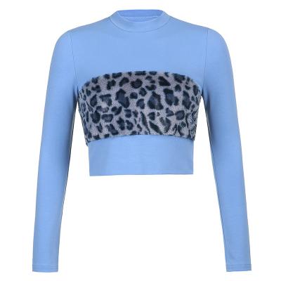 China Durable Leopard Plush Patchwork Womens T Shirts Polyester Long Sleeves T Shirt For Ladies for sale