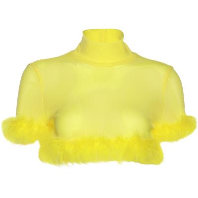 China Sustainable Culture Women Plush Turtle Neck Top Short Sleeve Solid T-Shirt Skinny Yellow for sale