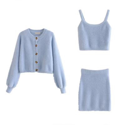 China Viable Three Piece Set Women's Clothing Salon Wear Fleece Dress Solid Causal Solid Cami Top And Mini Skirt Sexy For Ladies for sale