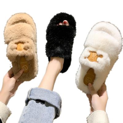 China Fashion Trend Women Fur Slippers Hairy Indoor Slides Thick Flats Non Slip Female Warm Indoor Outdoor Winter Shoes Bedroom Slippers for sale