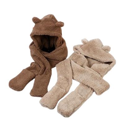 China JOINT Cute Bear Ear Hat Scarf Set Winter Women Novelty Warm Soft Plush Casual Hats Fleece Girl Kawaii Solid Accessories for sale