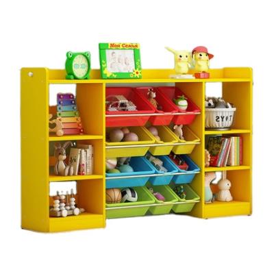 China Modern Eco-friendly Furniture Cartoon Design Children Wooden Kids Toy Organizer Storage Shelf With Plastic Collection Bin for sale