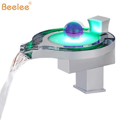 China Beelee Bathroom Basin Water Mixer Taps 3 Taps Solid Color Brass Waterfall Faucets Electric Deck Mounted LED Temperature Controlled Faucets 3 for sale