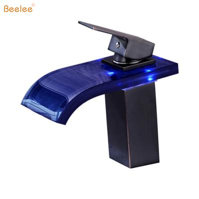 China Beelee Faucets Spout Cold And Hot Water Mixer Tap Bathroom LED Light Basin Faucet 3 Colors Electric Waterfall Sink Glass Faucet for sale