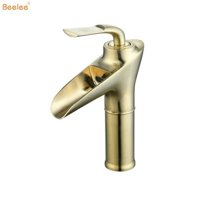 China Electric Faucets Beelee BL0799BG Deck Mounted Bathroom Gold Taps Waterfall Gold Faucets Basin Faucet for sale