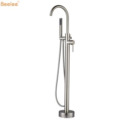 China Without Slide Bar Beelee BL19001N Solid Brass Freestanding Tub Filler Brushed Nickel Floor Standing Bathtub Faucet Mixer Tap With Hand Held Shower for sale