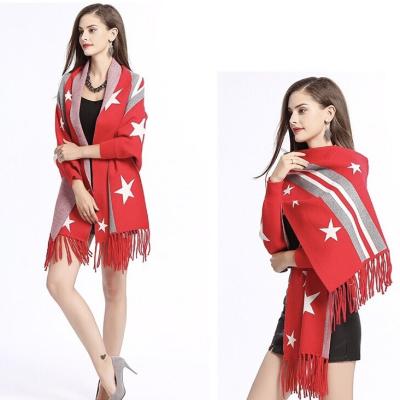 China Fashionable and warm retro style Five-pointed striped star tassel shawl with sleeves fringed warm sleeves women shawl for sale