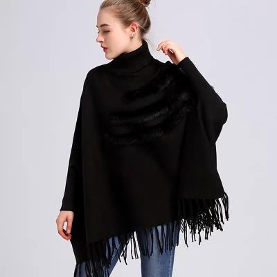 China New Design Anti-wrinkle Collar Neck Winter Tassel Sweater Cape Top Knit Wear Rabbit Fur Sweater Shawls for sale