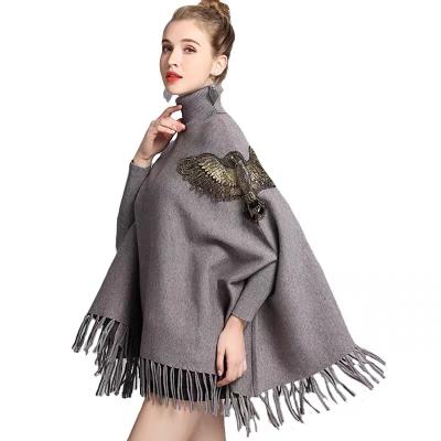 China Women Anti-Wrinkle Turtle Neck Beading Long Tassel Cloak Pull Cape Sweater Knitted Poncho Pullover Shawls for sale