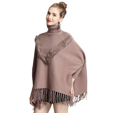 China Simple Anti-Wrinkle OEM Cuff Women Sticking Poncho Shawls Turtleneck Rabbit Fur Pullover Drill Sweater Cap for sale