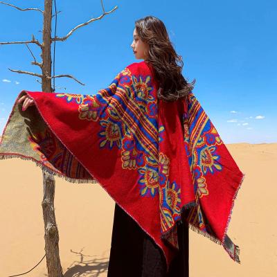 China 2021 New Fashionable and Warm Women Poncho Blanket Poncho Cashmere Wool Personalized Red Scarf Flower Road Winter Ponchos for Women for sale